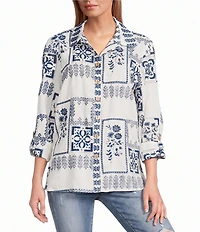 John Mark Embroidered Floral Eyelet Patchwork Point Collar Long Roll-Tab Sleeve Button Front Shirt