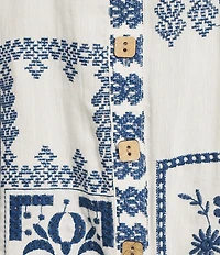 John Mark Embroidered Floral Eyelet Patchwork Point Collar Long Roll-Tab Sleeve Button Front Shirt