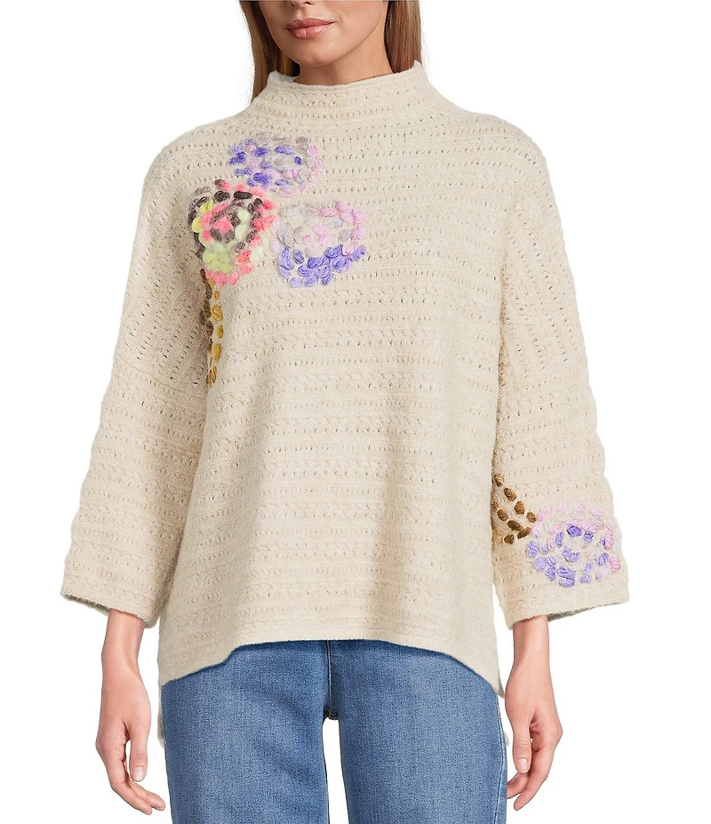 John Mark Embroidered Floral Mock Neck 3/4 Sleeve Popover Sweater