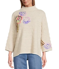 John Mark Embroidered Floral Mock Neck 3/4 Sleeve Popover Sweater