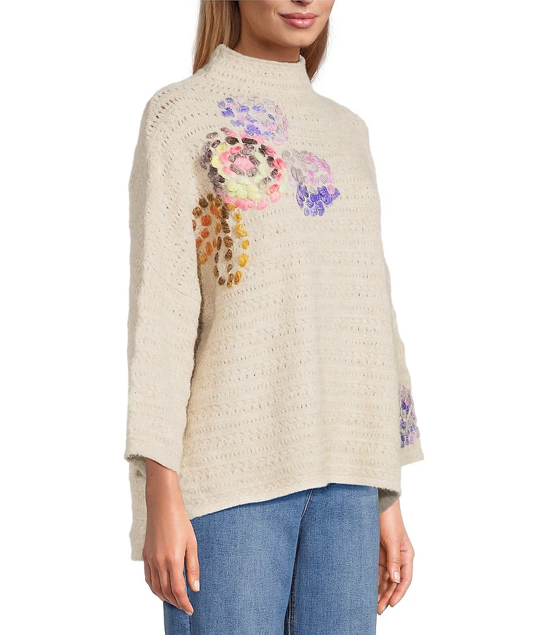John Mark Embroidered Floral Mock Neck 3/4 Sleeve Popover Sweater