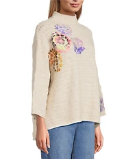 John Mark Embroidered Floral Mock Neck 3/4 Sleeve Popover Sweater