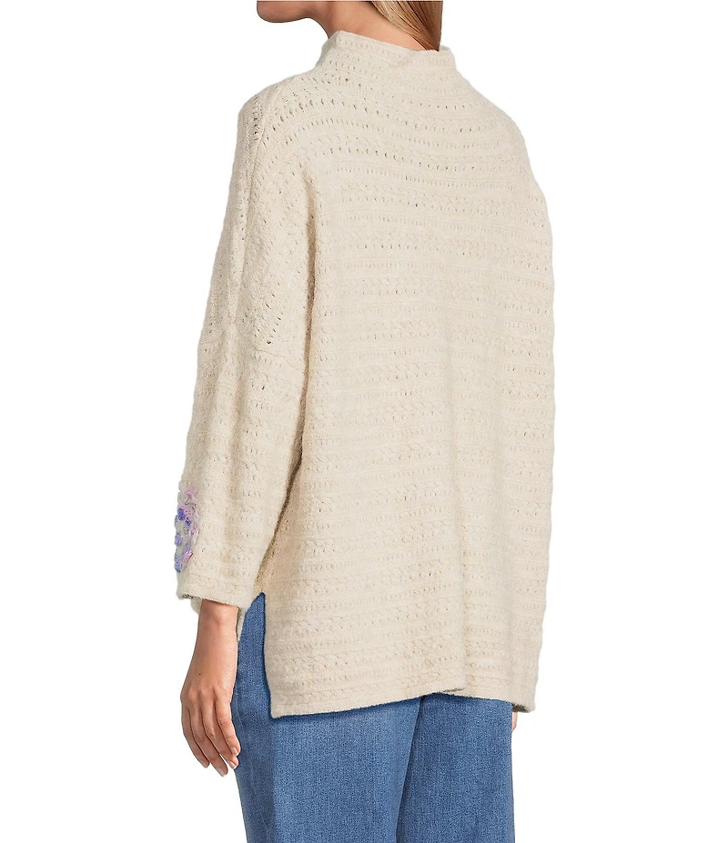John Mark Embroidered Floral Mock Neck 3/4 Sleeve Popover Sweater