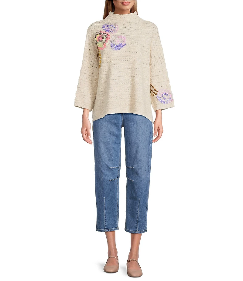 John Mark Embroidered Floral Mock Neck 3/4 Sleeve Popover Sweater