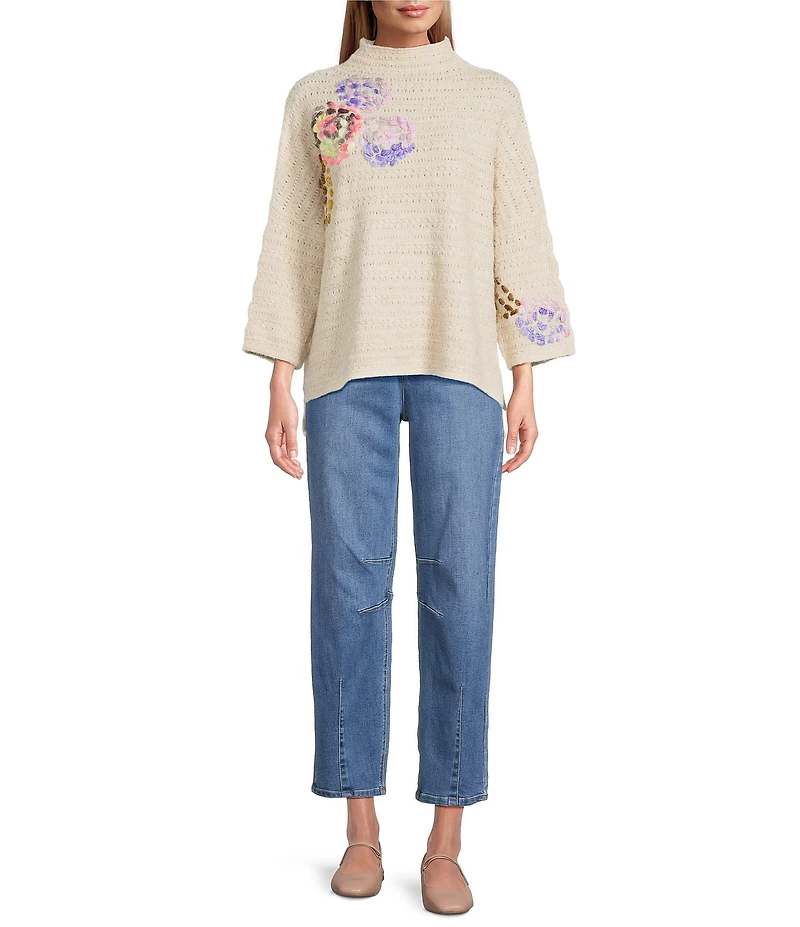 John Mark Embroidered Floral Mock Neck 3/4 Sleeve Popover Sweater