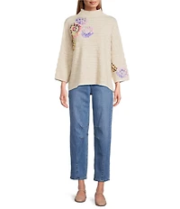 John Mark Embroidered Floral Mock Neck 3/4 Sleeve Popover Sweater