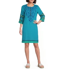 John Mark Embroidered Floral Motif Round Neck 3/4 Sleeves Shift Midi Dress