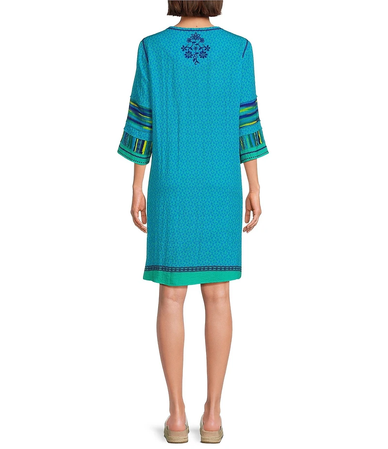 John Mark Embroidered Floral Motif Round Neck 3/4 Sleeves Shift Midi Dress