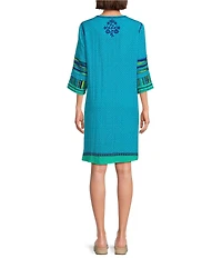 John Mark Embroidered Floral Motif Round Neck 3/4 Sleeves Shift Midi Dress