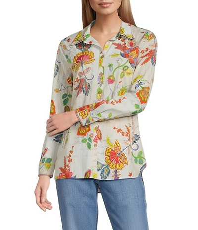 John Mark Embroidered Floral Point Collar Long Roll-Tab Sleeve Button Front Blouse