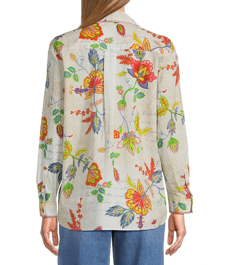 John Mark Embroidered Floral Point Collar Long Roll-Tab Sleeve Button Front Blouse