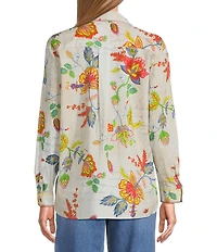 John Mark Embroidered Floral Point Collar Long Roll-Tab Sleeve Button Front Blouse