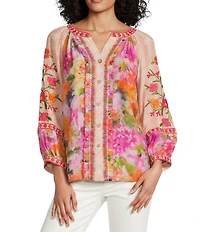 John Mark Embroidered Floral Split V-Neck 3/4 Cuff Sleeve Hi-Low Hem Button Front Top