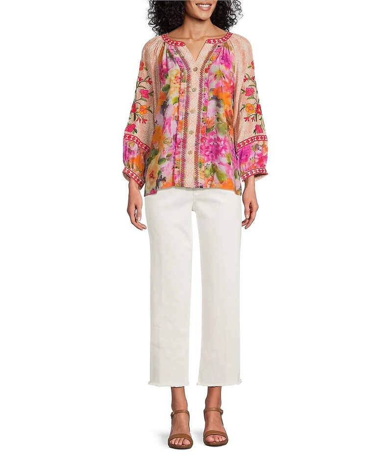 John Mark Embroidered Floral Split V-Neck 3/4 Cuff Sleeve Hi-Low Hem Button Front Top