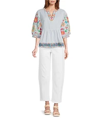 John Mark Embroidered Floral Stripe Split V-Neck 3/4 Sleeve Top