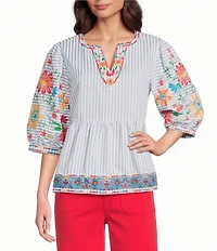John Mark Embroidered Floral Stripe Split V-Neck 3/4 Sleeve Top