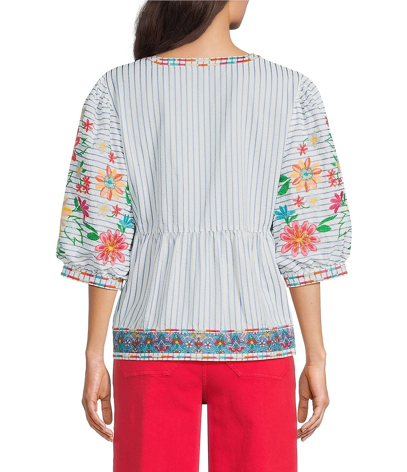 John Mark Embroidered Floral Stripe Split V-Neck 3/4 Sleeve Top