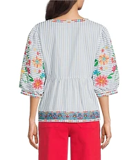 John Mark Embroidered Floral Stripe Split V-Neck 3/4 Sleeve Top