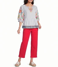 John Mark Embroidered Floral Stripe Split V-Neck 3/4 Sleeve Top