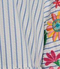 John Mark Embroidered Floral Stripe Split V-Neck 3/4 Sleeve Top