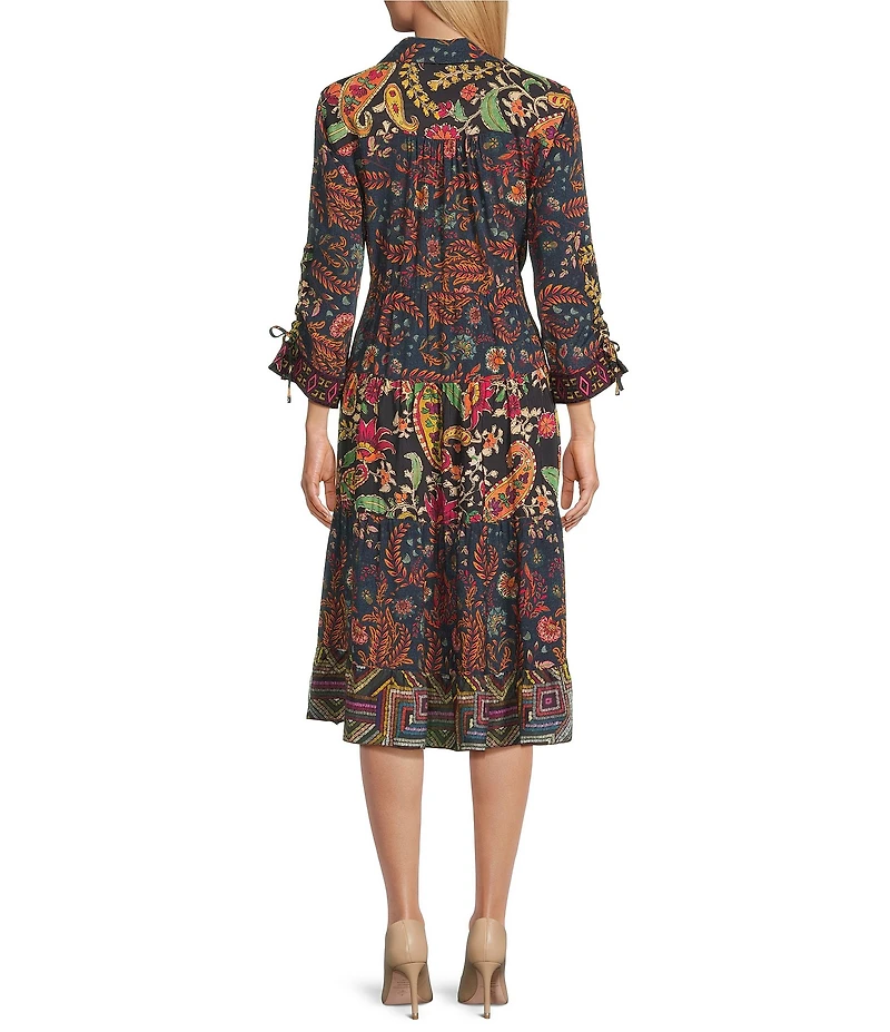 John Mark Embroidered Mixed Print Collared Y-Neck 3/4 Cinched Tie Sleeve Tiered A-Line Midi Dress
