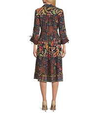 John Mark Embroidered Mixed Print Collared Y-Neck 3/4 Cinched Tie Sleeve Tiered A-Line Midi Dress