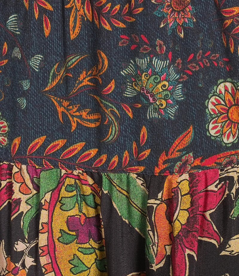John Mark Embroidered Mixed Print Collared Y-Neck 3/4 Cinched Tie Sleeve Tiered A-Line Midi Dress