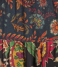 John Mark Embroidered Mixed Print Collared Y-Neck 3/4 Cinched Tie Sleeve Tiered A-Line Midi Dress