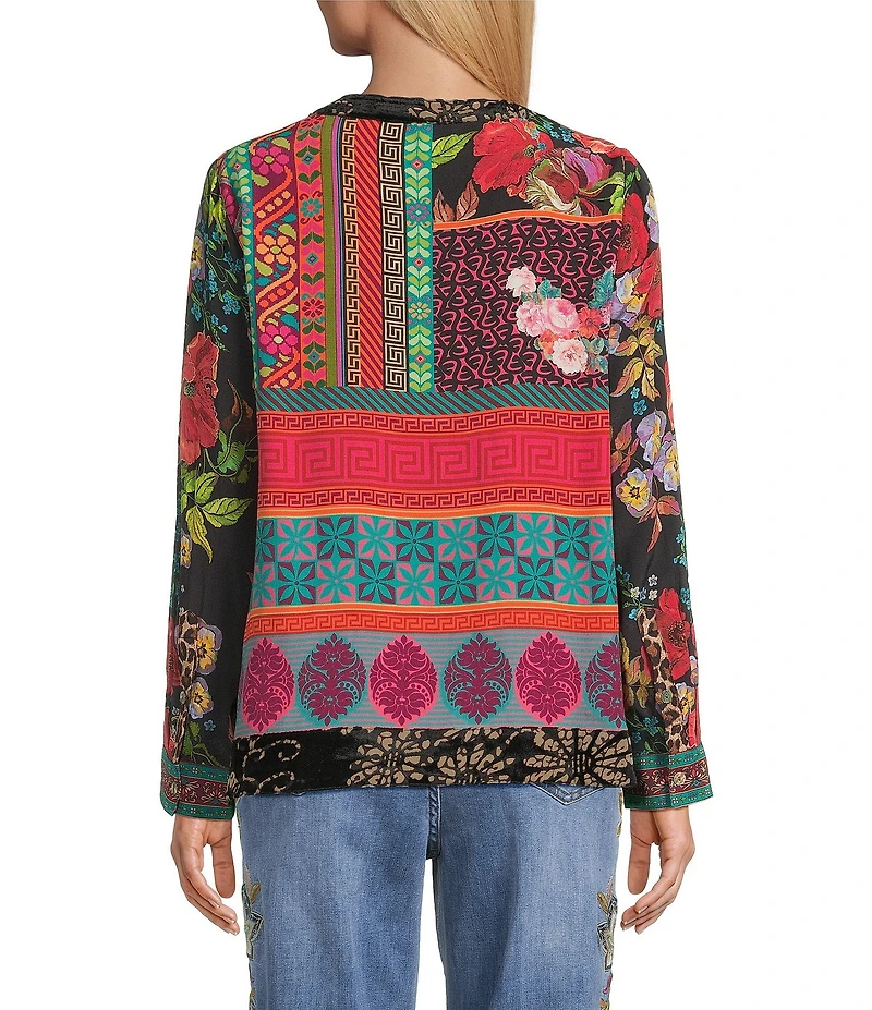 John Mark Embroidered Mixed Print Split V-Neck Long Roll-Tab Sleeve Tassel Tie Tunic