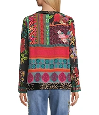 John Mark Embroidered Mixed Print Split V-Neck Long Roll-Tab Sleeve Tassel Tie Tunic