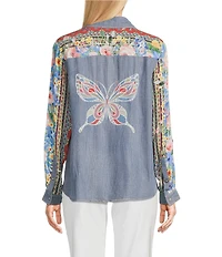 John Mark Embroidered Multi Floral Point Collar Long Roll-Tab Sleeve Tie-Front Top