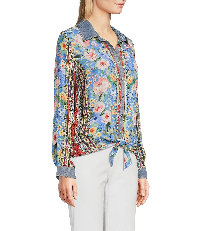 John Mark Embroidered Multi Floral Point Collar Long Roll-Tab Sleeve Tie-Front Top
