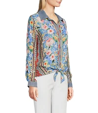 John Mark Embroidered Multi Floral Point Collar Long Roll-Tab Sleeve Tie-Front Top