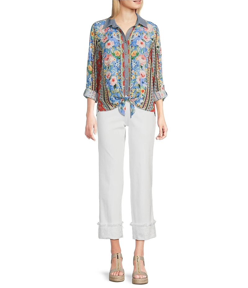 John Mark Embroidered Multi Floral Point Collar Long Roll-Tab Sleeve Tie-Front Top