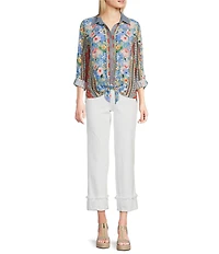 John Mark Embroidered Multi Floral Point Collar Long Roll-Tab Sleeve Tie-Front Top
