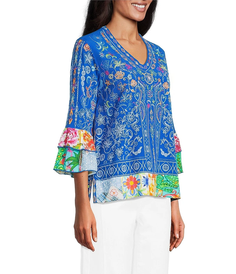 John Mark Embroidered Multi Floral V-Neck 3/4 Ruffle Tiered Sleeve Tunic