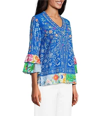John Mark Embroidered Multi Floral V-Neck 3/4 Ruffle Tiered Sleeve Tunic