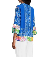 John Mark Embroidered Multi Floral V-Neck 3/4 Ruffle Tiered Sleeve Tunic
