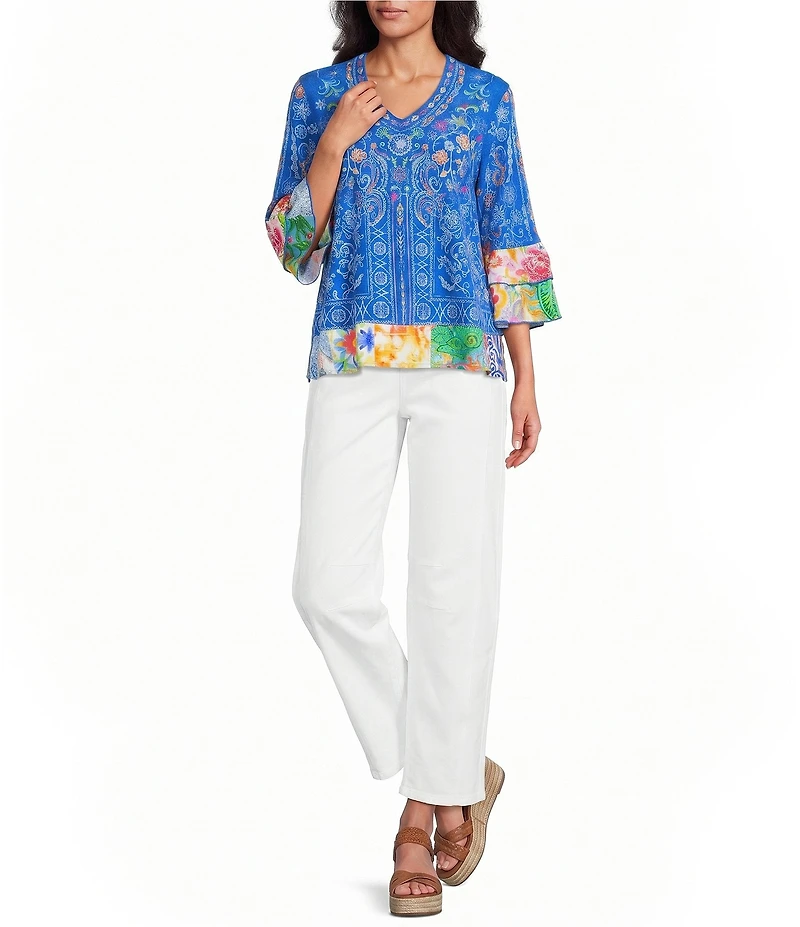 John Mark Embroidered Multi Floral V-Neck 3/4 Ruffle Tiered Sleeve Tunic
