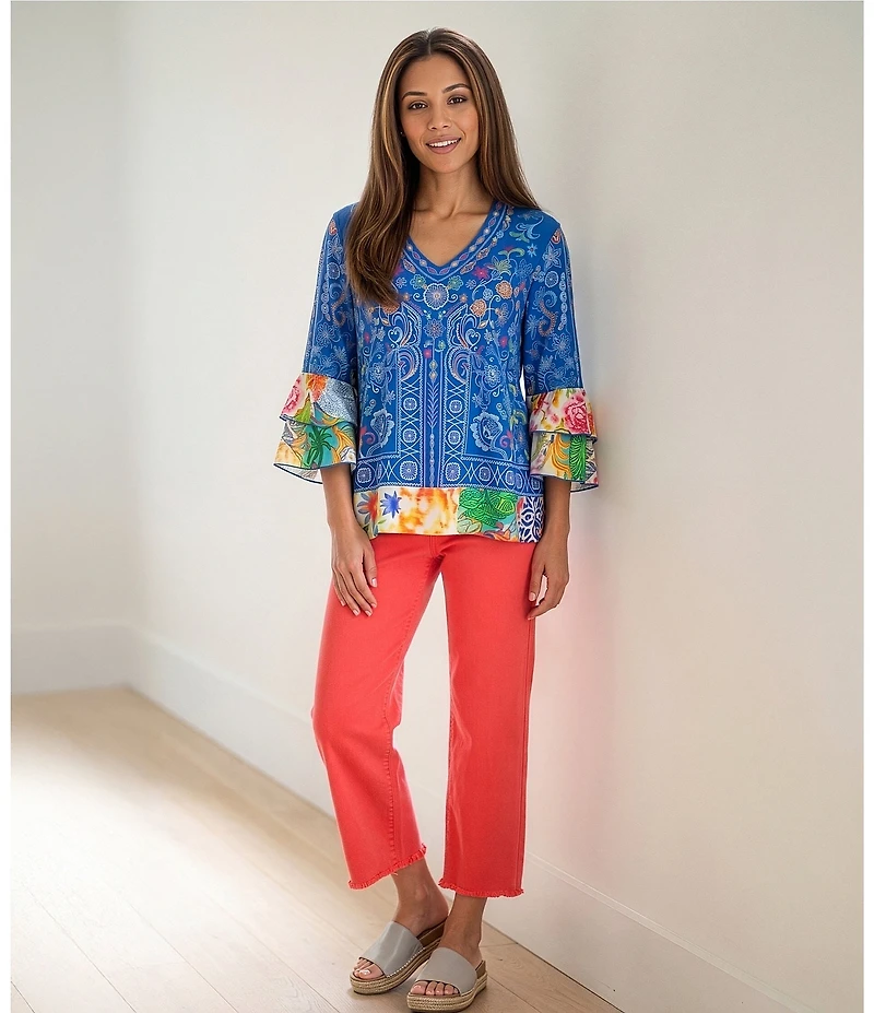 John Mark Embroidered Multi Floral V-Neck 3/4 Ruffle Tiered Sleeve Tunic