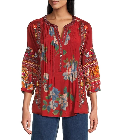 John Mark Embroidered Multi Patch Split V-Neck 3/4 Sleeve Hi-Low Hem Tunic