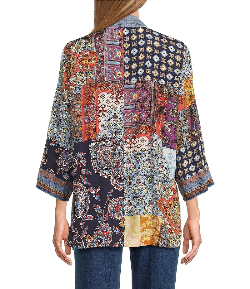 John Mark Embroidered Patchwork 3/4 Sleeve Open Front Kimono