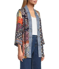John Mark Embroidered Patchwork 3/4 Sleeve Open Front Kimono