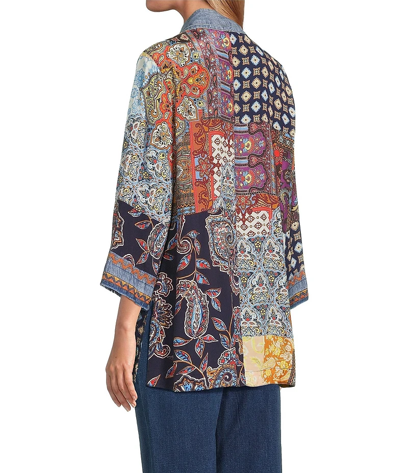 John Mark Embroidered Patchwork 3/4 Sleeve Open Front Kimono