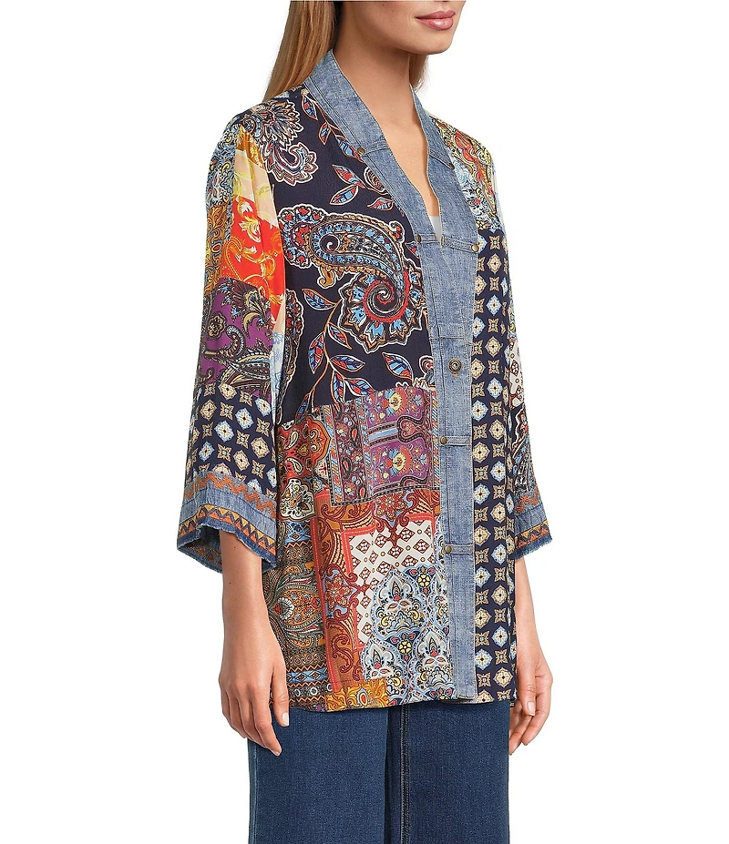 John Mark Embroidered Patchwork 3/4 Sleeve Open Front Kimono