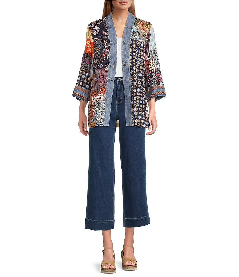 John Mark Embroidered Patchwork 3/4 Sleeve Open Front Kimono