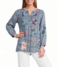 John Mark Embroidered Patchwork Split V-Neck 3/4 Sleeve Button-Front Blouse