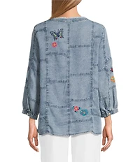 John Mark Embroidered Patchwork Split V-Neck 3/4 Sleeve Button-Front Blouse