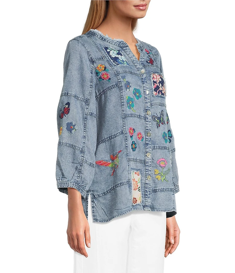 John Mark Embroidered Patchwork Split V-Neck 3/4 Sleeve Button-Front Blouse