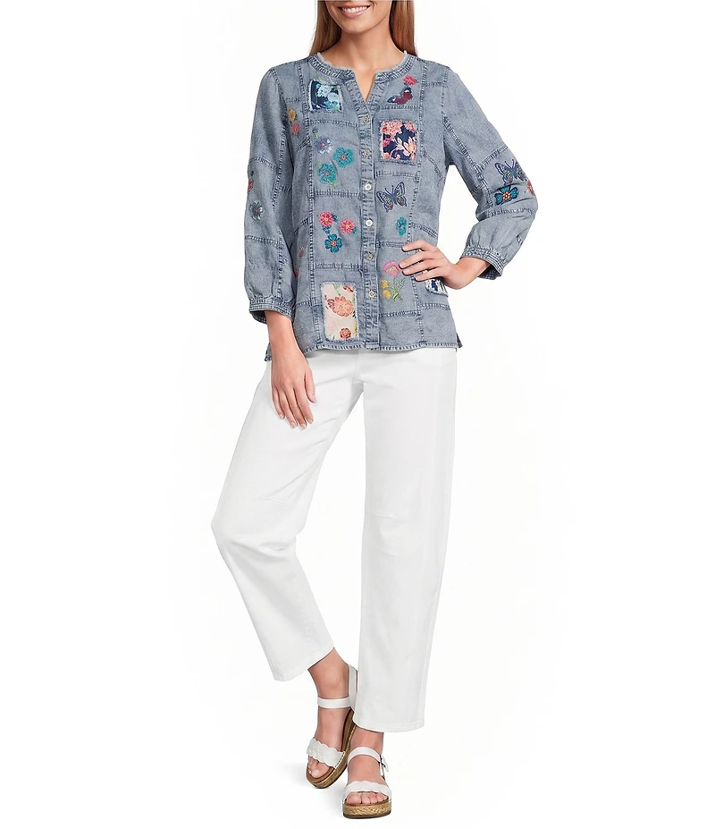 John Mark Embroidered Patchwork Split V-Neck 3/4 Sleeve Button-Front Blouse